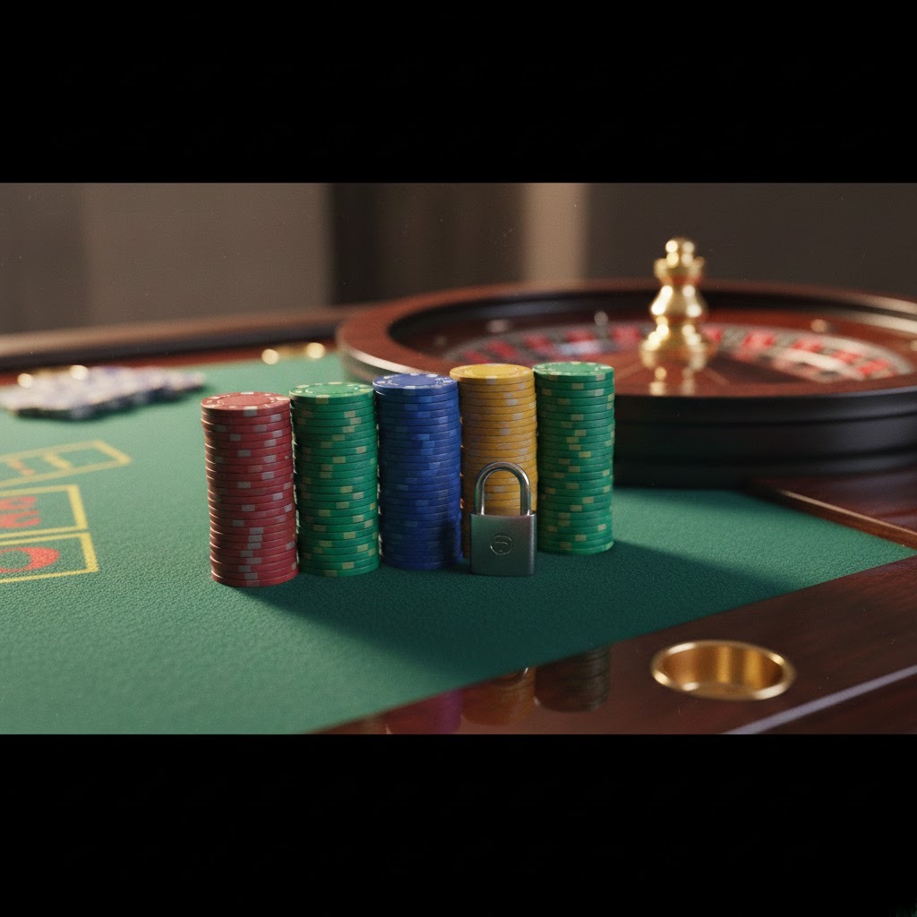 Meja blackjack modern dengan chip premium, simbol keamanan dan fairness Hokiku88