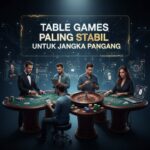 Ilustrasi Table Games Paling Stabil untuk Jangka Panjang dengan Hokijoss, menampilkan baccarat, blackjack, roulette, poker, live dealer, dan pemain mobile