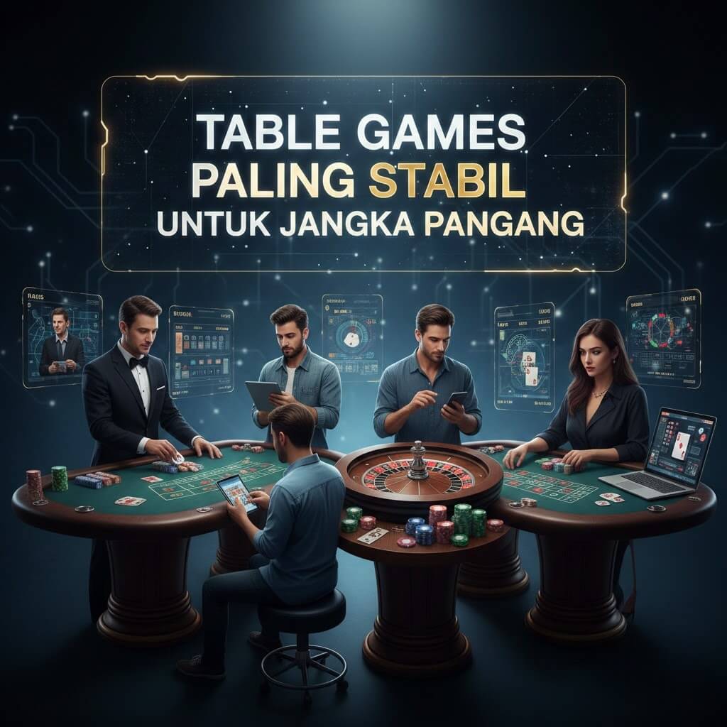 Ilustrasi Table Games Paling Stabil untuk Jangka Panjang dengan Hokijoss, menampilkan baccarat, blackjack, roulette, poker, live dealer, dan pemain mobile