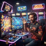 Pemain arcade game online fokus di slot mini dan tembak ikan, tumpukan chip terlihat jelas, strategi HOKIJOSS diterapkan, ekspresi serius dan penuh konsentrasi