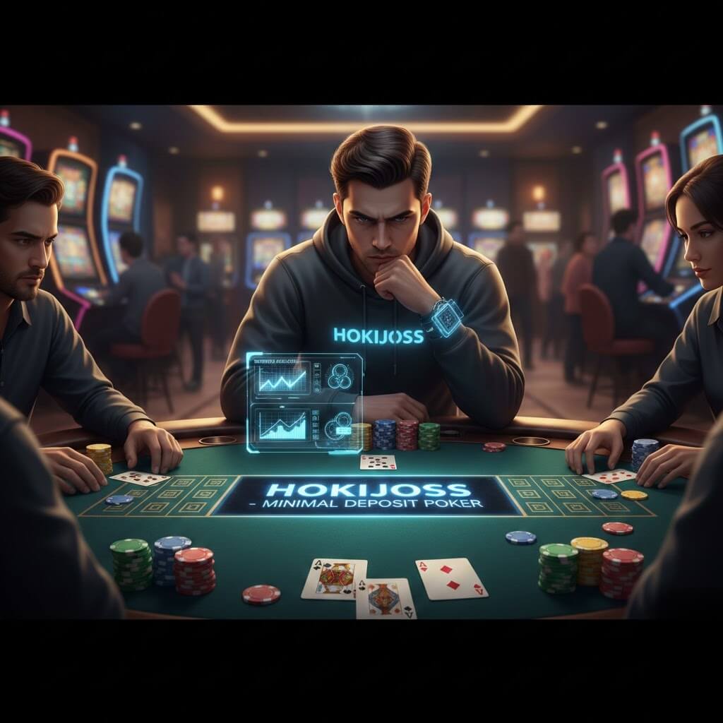 Meja poker online minimal depo dengan kartu dan chip, pemain fokus menggunakan strategi Hokijoss.